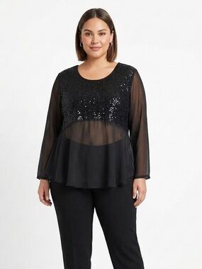 Expose Women's Black Sequin Sheer Overlay Blouse Top Size 18 Evening Party Y2K